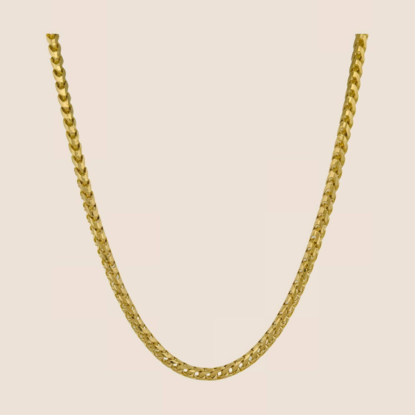 4.5MM Franco Chain necklace in 14k solid gold with geometric V-pattern links, featuring a lobster clasp, diamond cut, crafted in Italy.