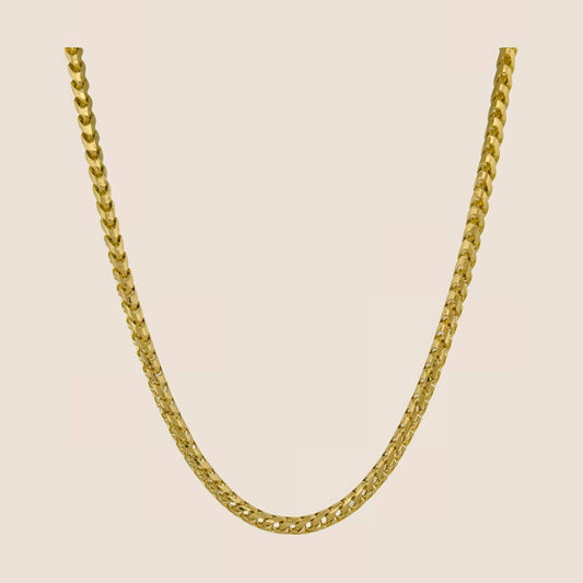 4.5MM Franco Chain necklace in 14k solid gold with geometric V-pattern links, featuring a lobster clasp, diamond cut, crafted in Italy.