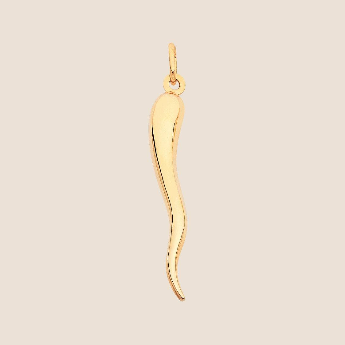 Gold Italian Horn Pendant "Cornicello" with Smooth Polished Surface and Flowing Curves, Symbol of Good Luck, Made in Italy, 14k Gold