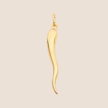 Gold Italian Horn Pendant "Cornicello" with Smooth Polished Surface and Flowing Curves, Symbol of Good Luck, Made in Italy, 14k Gold