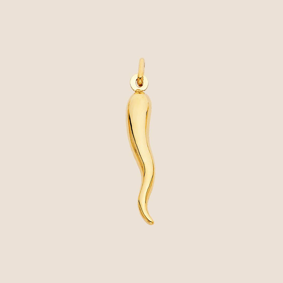 Gold Italian horn pendant, cornicello, 14k gold, symbol of good luck, smooth polished surface, flowing curves, elongated form, made in Italy.