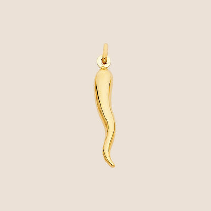 Gold Italian horn pendant, cornicello, 14k gold, symbol of good luck, smooth polished surface, flowing curves, elongated form, made in Italy.