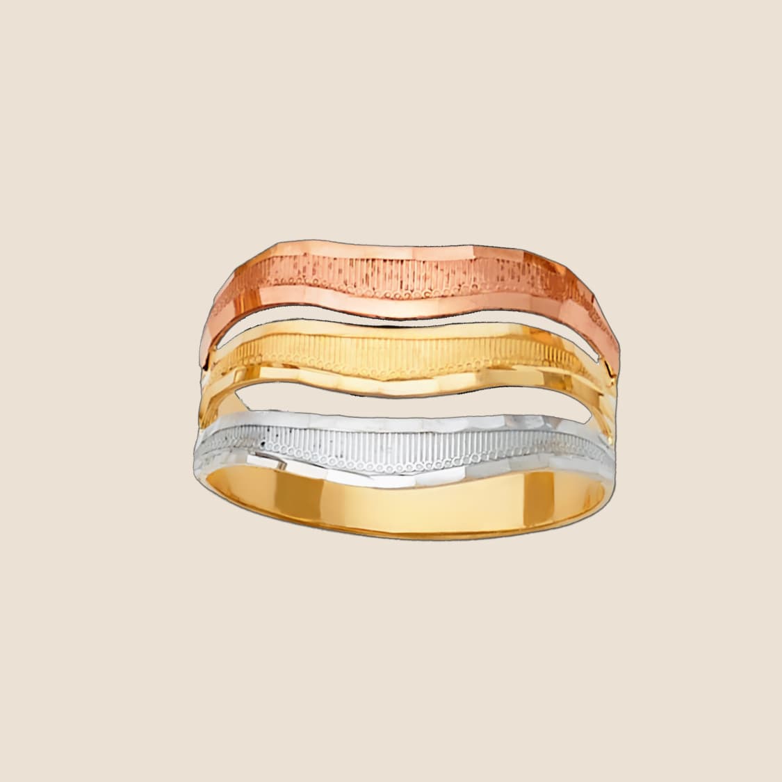 Tri Color Textured Ring in 14k gold with hammered, brushed, and milgrain finishes in yellow, rose, and white gold displays unique craftsmanship