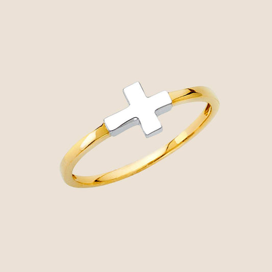 Yellow gold Unity Cross Ring with white gold cross centerpiece, 14k gold, made in USA, combining classic and contemporary style.