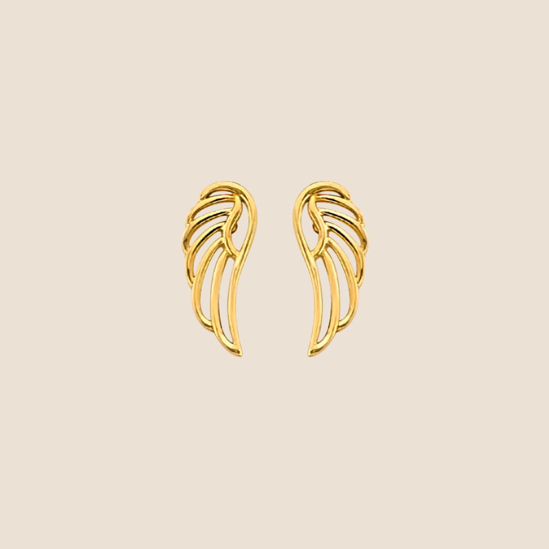 Delicate small wing earrings made of 14k gold with intricate openwork design, featuring a push-back lock, capturing the elegance of feathers.