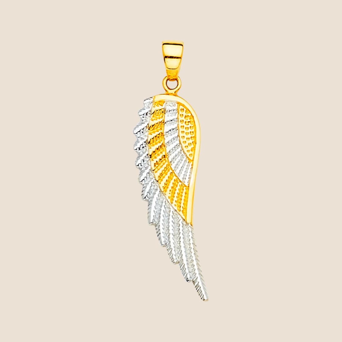 Two Tone Wing Pendant in gold and white gold with intricate feather design and texturing, 14k gold, 1.3 inches tall, made in the USA.