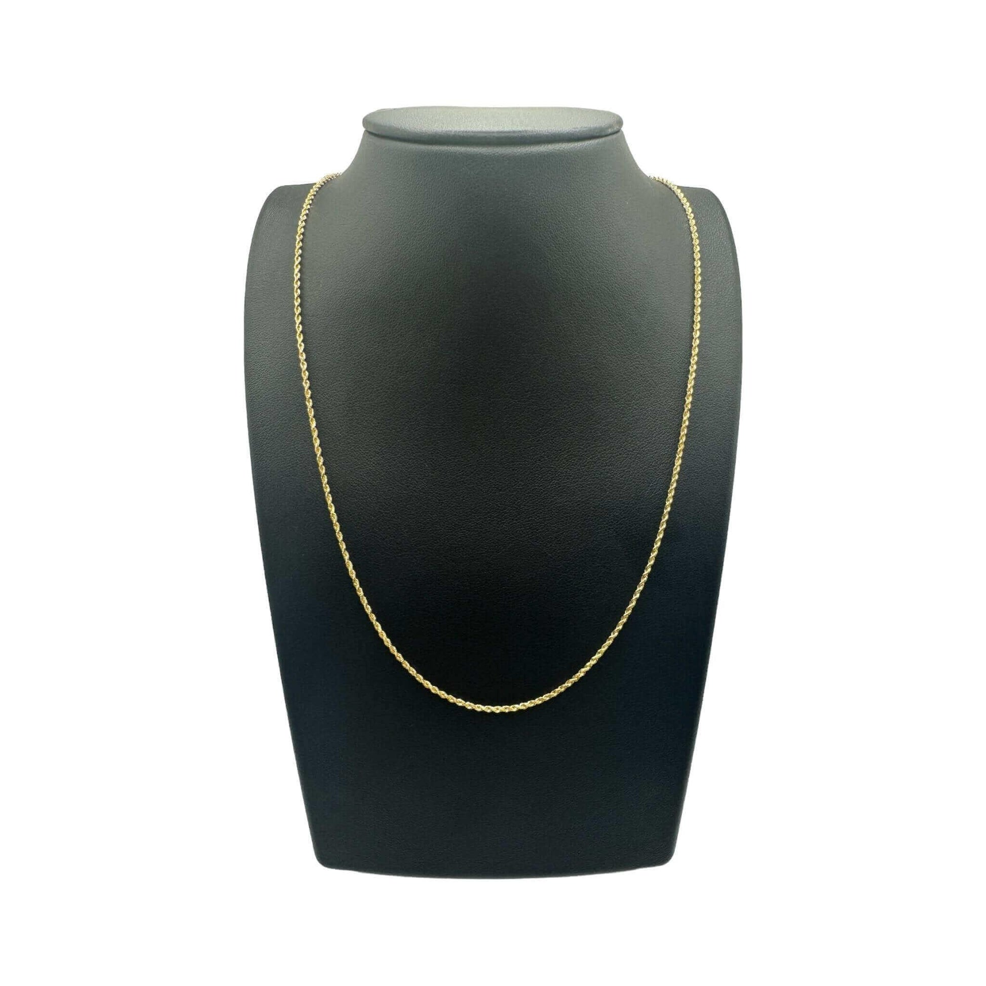 14k solid gold 1.5mm rope chain necklace with diamond cut links on black display, minimalist and refined jewelry.