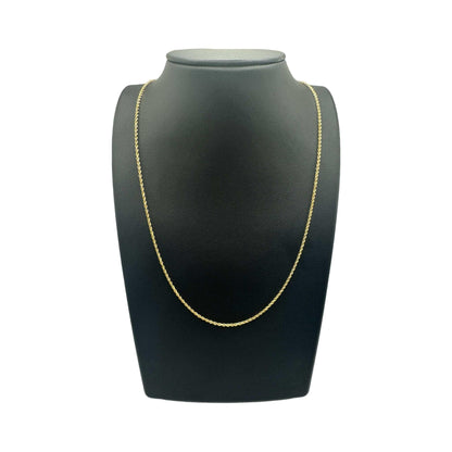 14k solid gold 1.5mm rope chain necklace with diamond cut links on black display, minimalist and refined jewelry.