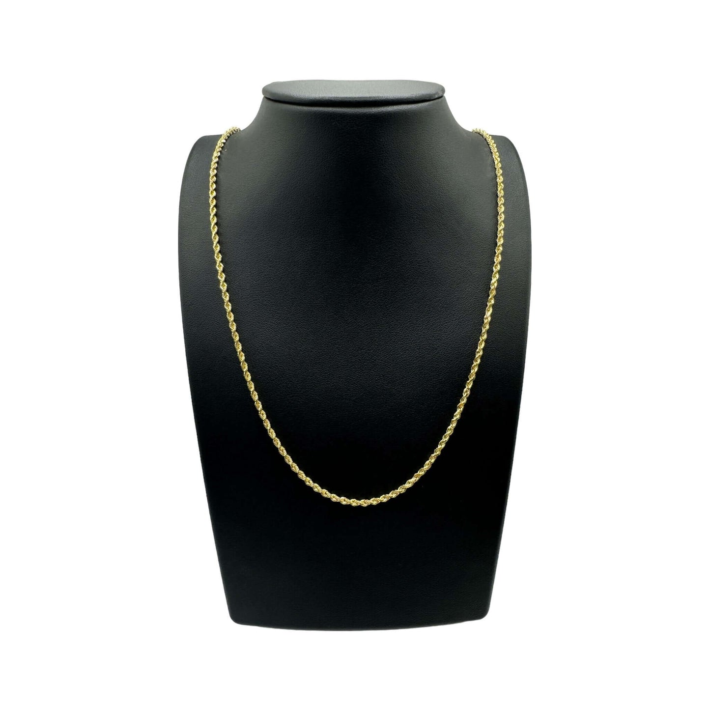 2.5MM rope chain necklace displayed on black stand, 14k solid gold, diamond cut, elegant and sophisticated design