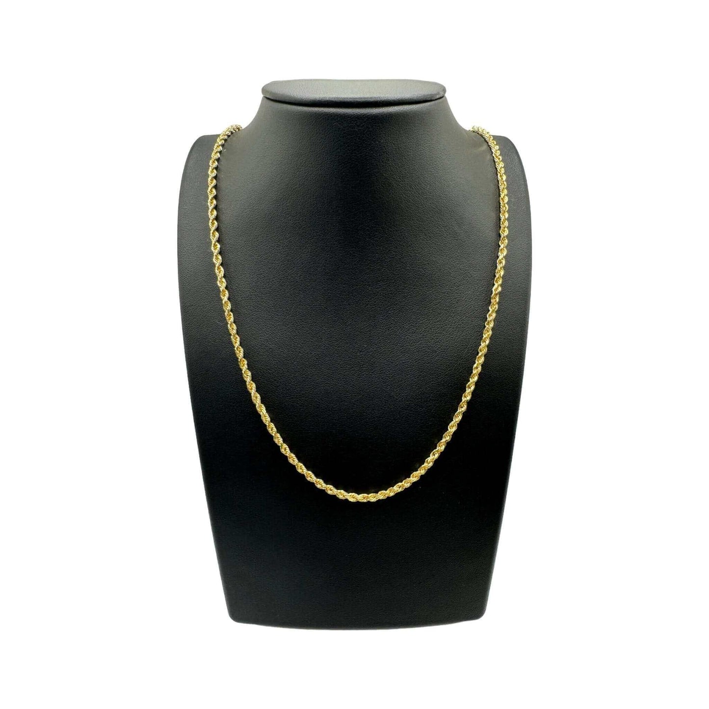 3.5MM gold rope chain necklace on black display bust, 14k solid gold, lobster clasp, diamond cut, made in Peru.