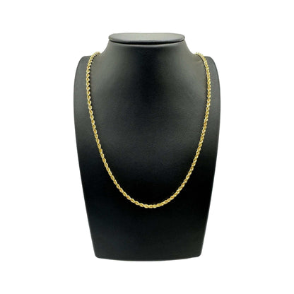 3.5MM gold rope chain necklace on black display bust, 14k solid gold, lobster clasp, diamond cut, made in Peru.